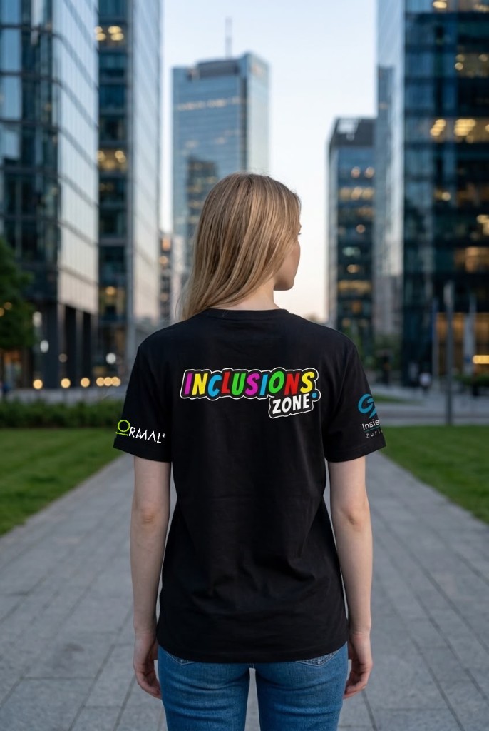 Inclusions T-Shirt mit farbigem Logo — getragen von einer Helferin